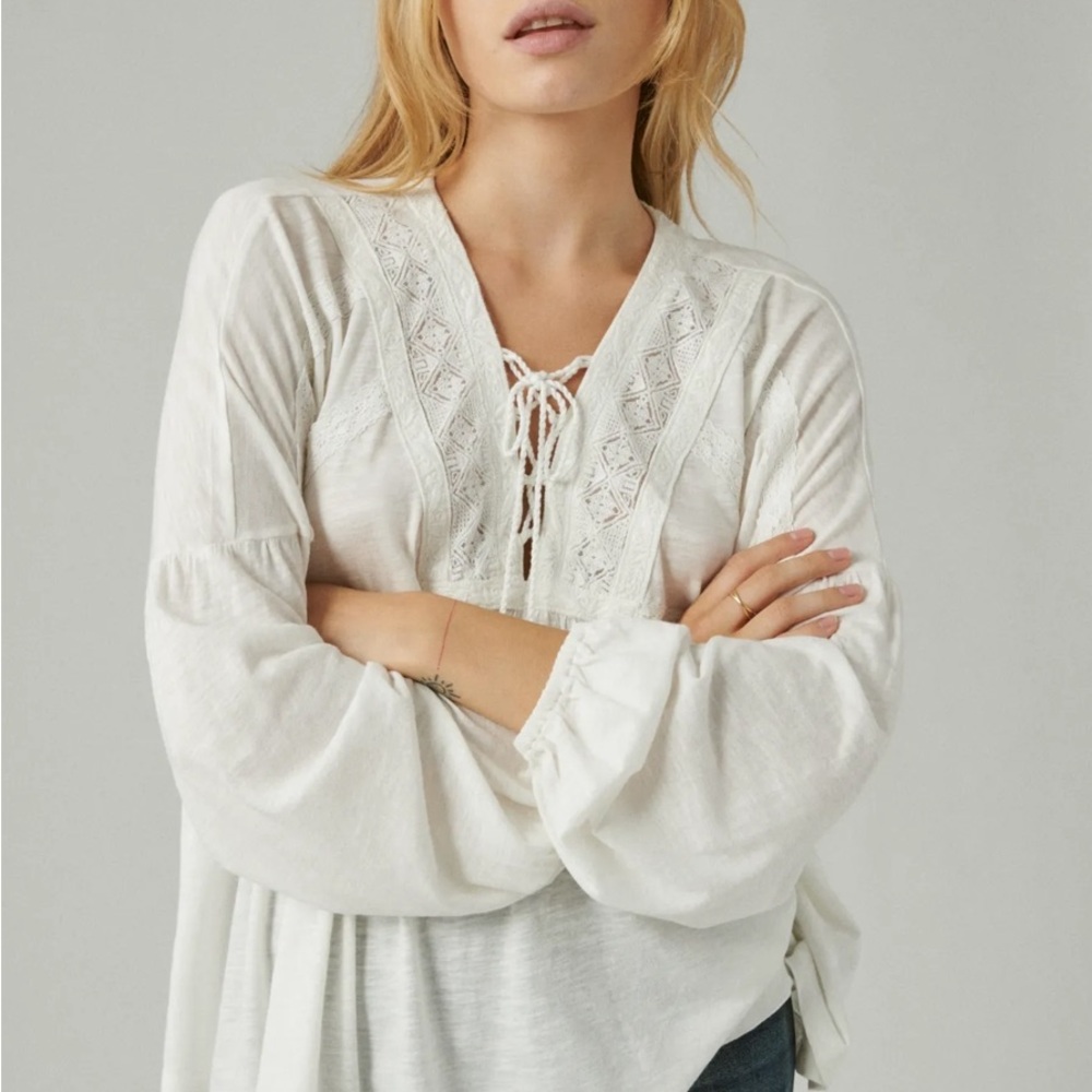 Lucky Brand White Lace-Up Women's Top